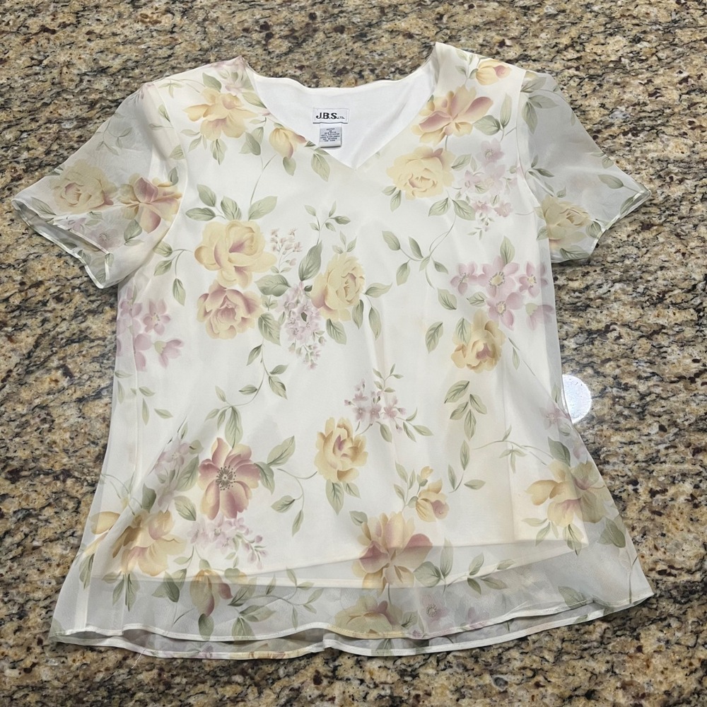 Vintage J.B.S. Ltd. Floral Chiffon V-Neck Blouse Yellow Pink 16 Short Sleeve
